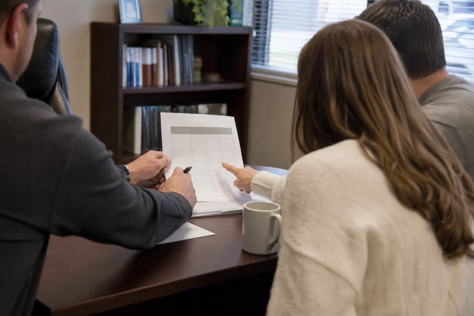 Agent at a wooden office desk holds a printed grid sheet while a young woman points at a column, a man beside her, a white mug on the desk, bookshelf and window behind