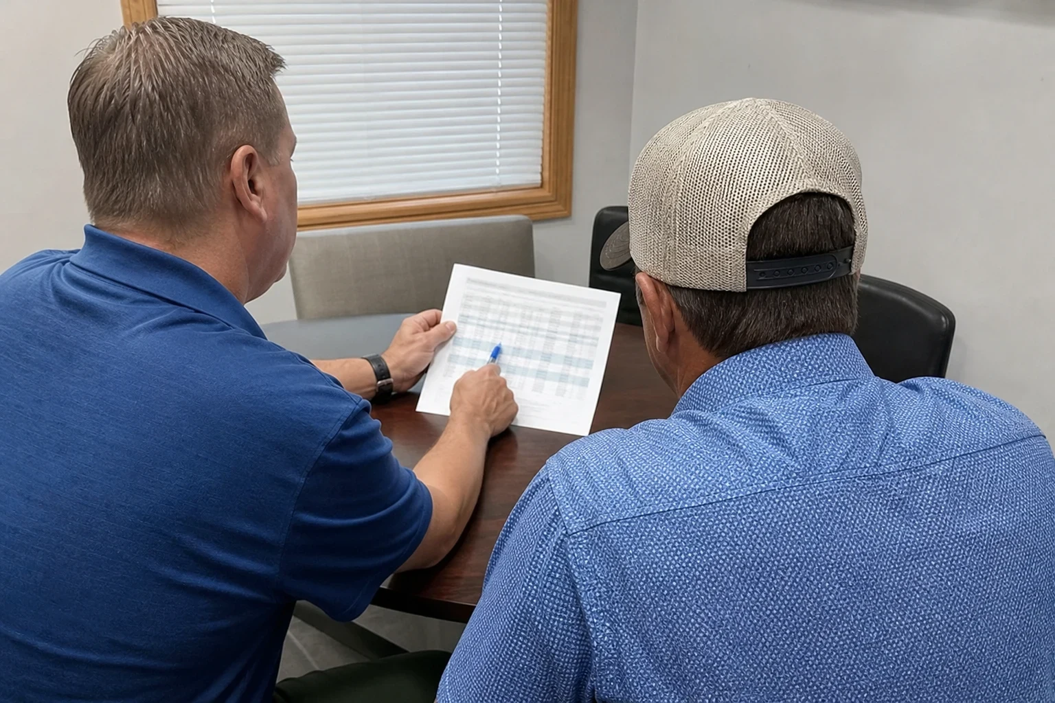 Two men seen from behind at a small wooden conference table reviewing a printed spreadsheet of figures, one pointing with a pen, window blinds in the background
