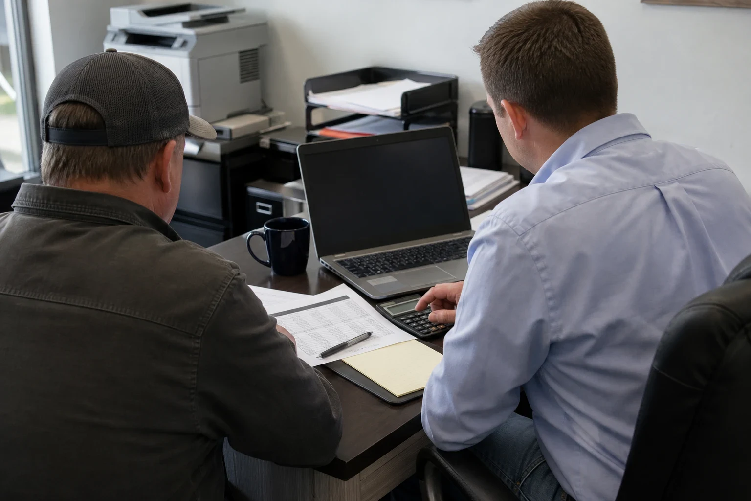 Two men seen from behind at an office desk reviewing a printed statement, one using a calculator beside a laptop, notepad, pen and coffee mug, with a printer behind.